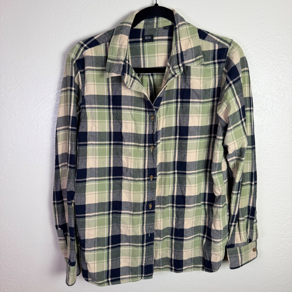 Uniqlo Womens M 100% Cotton Flannel Shirt Green Layering Soft Gorpcore Cabin